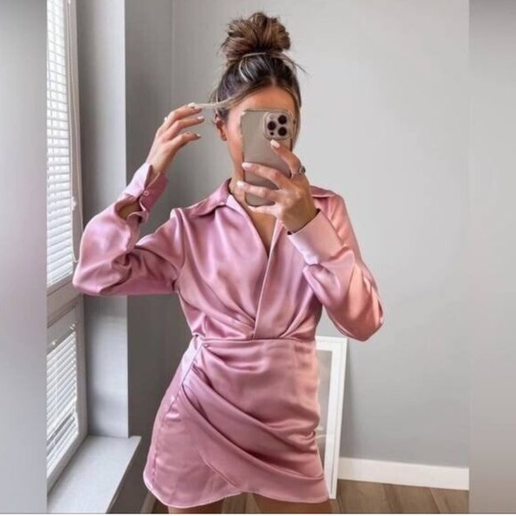 ZARA Dusty Pink Satin Effect Wrap Long Sleeve Dress $59.90 - Picture 4 of 14